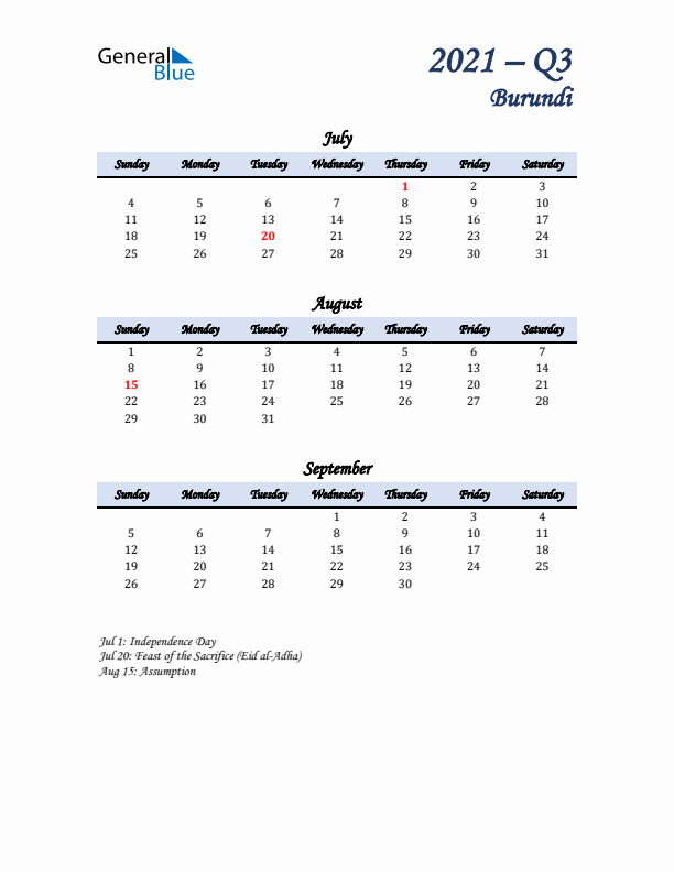 July, August, and September Calendar for Burundi with Sunday Start