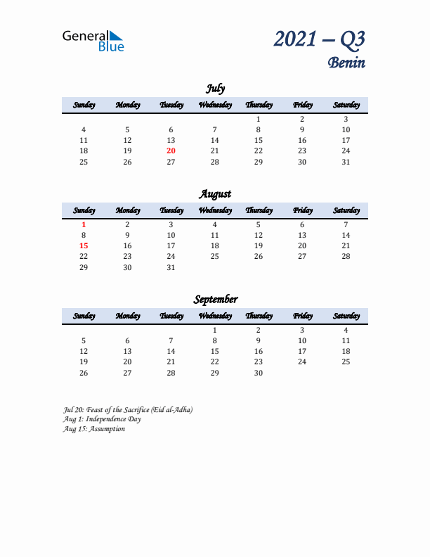 July, August, and September Calendar for Benin with Sunday Start