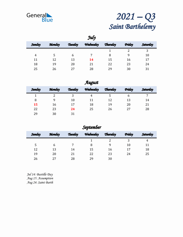 July, August, and September Calendar for Saint Barthelemy with Sunday Start