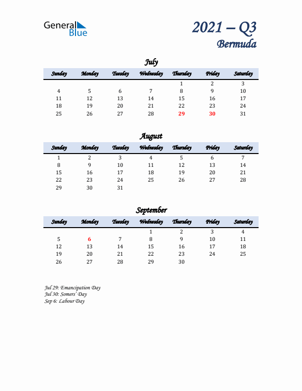 July, August, and September Calendar for Bermuda with Sunday Start