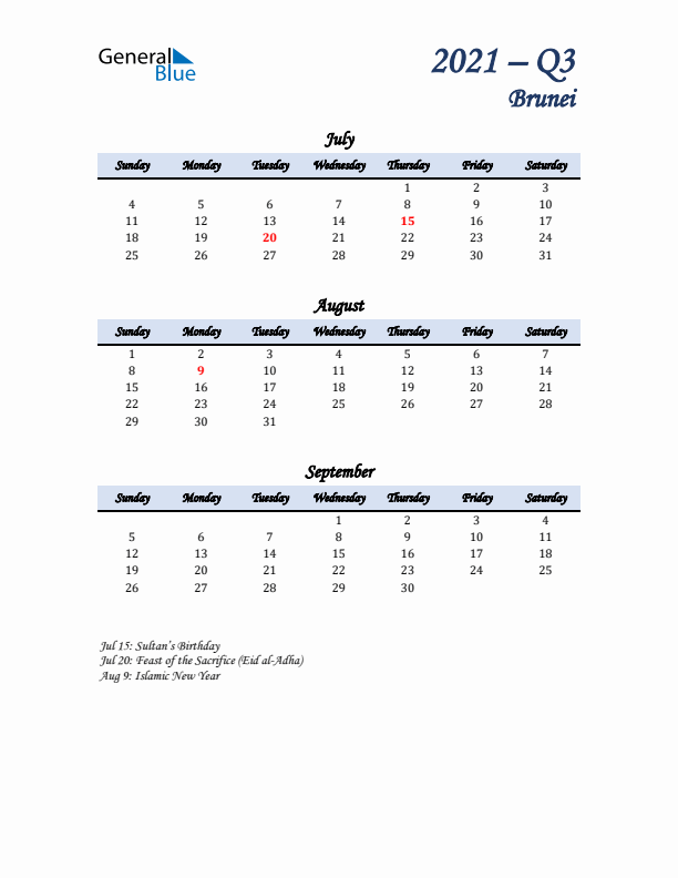 July, August, and September Calendar for Brunei with Sunday Start