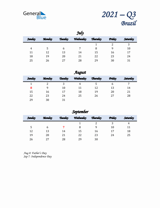 July, August, and September Calendar for Brazil with Sunday Start