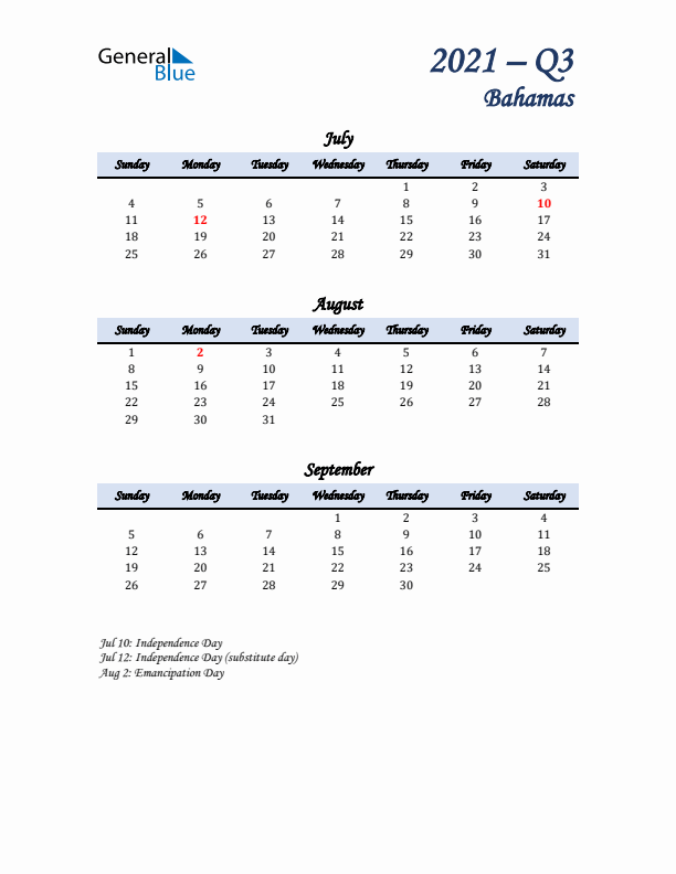 July, August, and September Calendar for Bahamas with Sunday Start