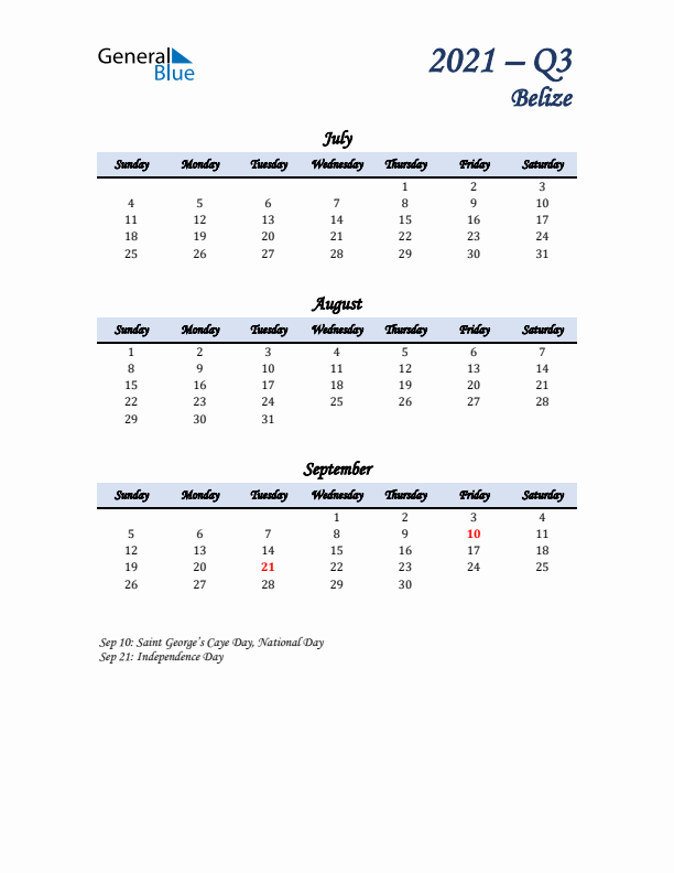 July, August, and September Calendar for Belize with Sunday Start