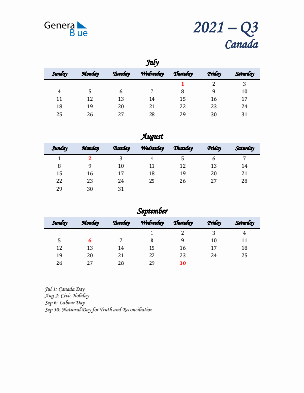 July, August, and September Calendar for Canada with Sunday Start