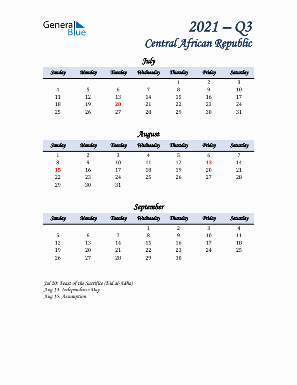 July, August, and September Calendar for Central African Republic with Sunday Start