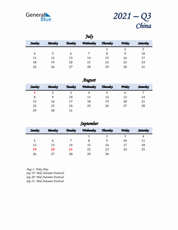 July, August, and September Calendar for China with Sunday Start