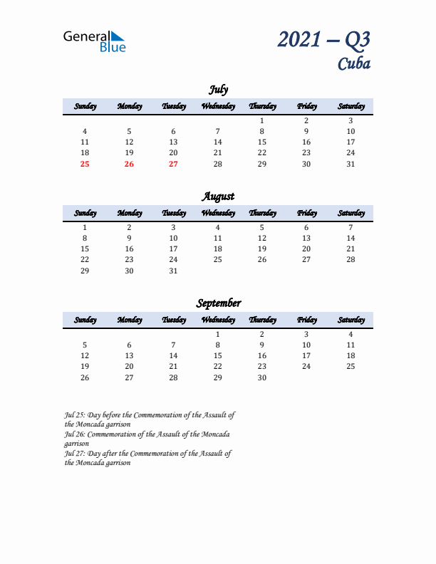 July, August, and September Calendar for Cuba with Sunday Start