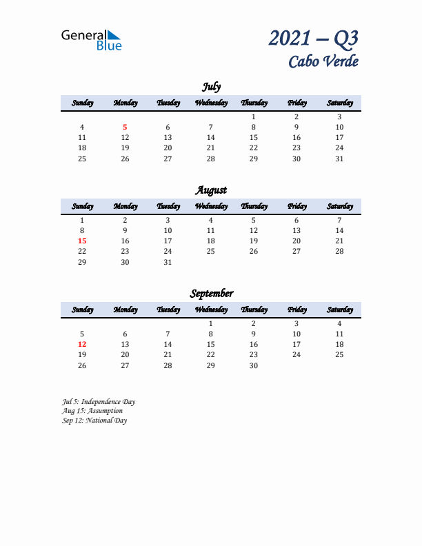 July, August, and September Calendar for Cabo Verde with Sunday Start