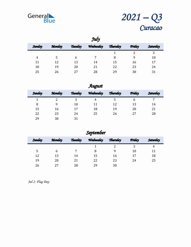 July, August, and September Calendar for Curacao with Sunday Start