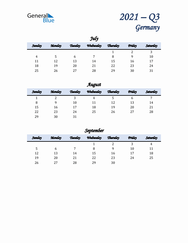 July, August, and September Calendar for Germany with Sunday Start