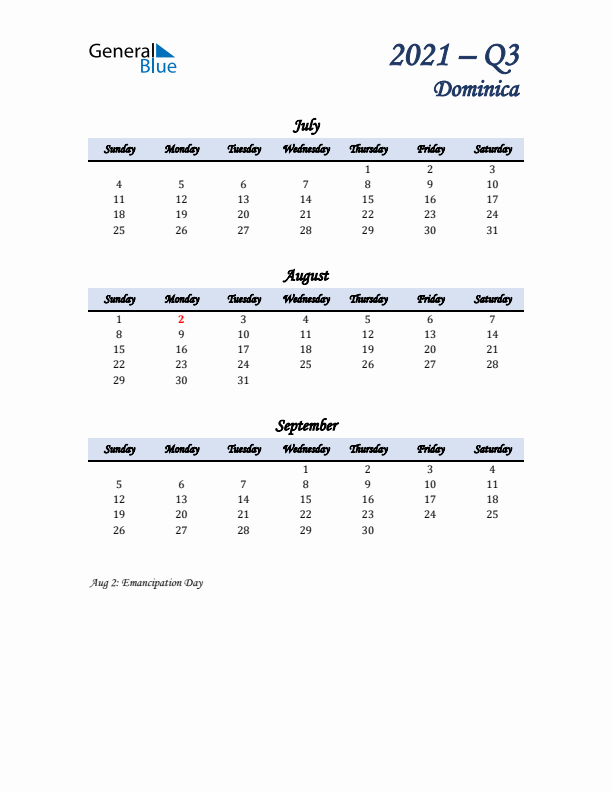 July, August, and September Calendar for Dominica with Sunday Start