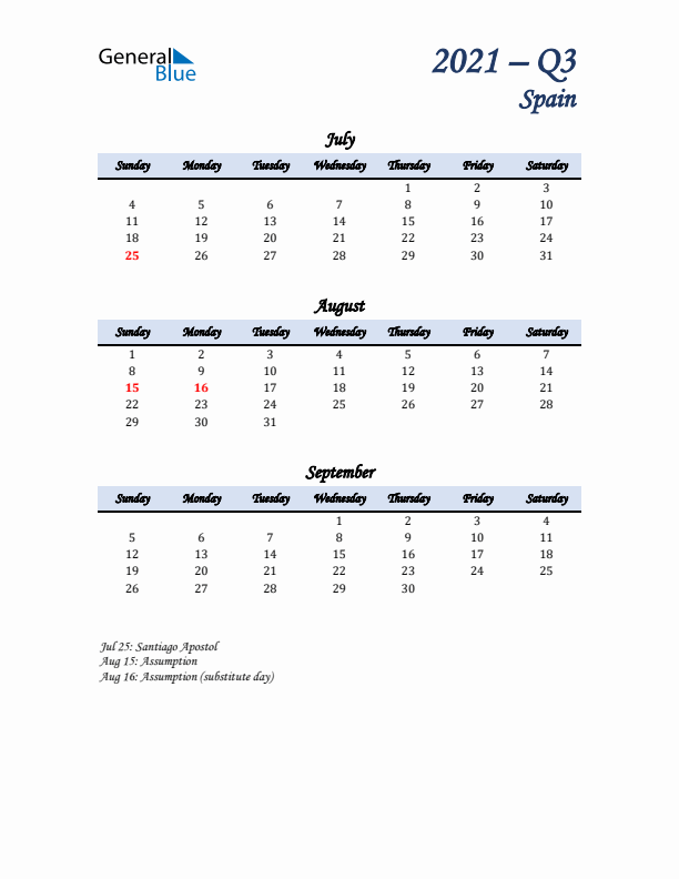 July, August, and September Calendar for Spain with Sunday Start