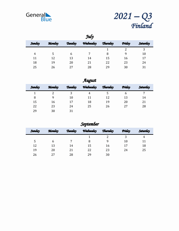 July, August, and September Calendar for Finland with Sunday Start