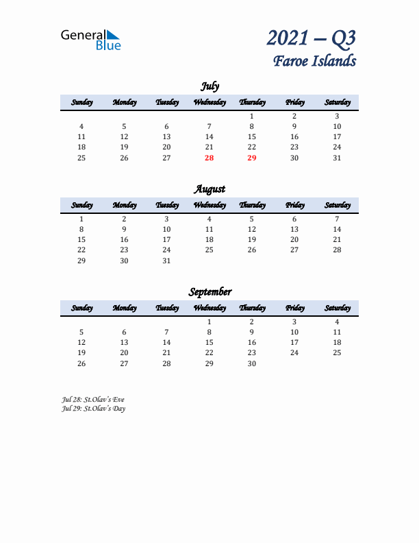 July, August, and September Calendar for Faroe Islands with Sunday Start