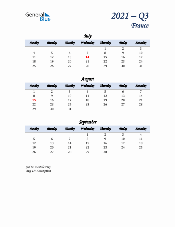 July, August, and September Calendar for France with Sunday Start