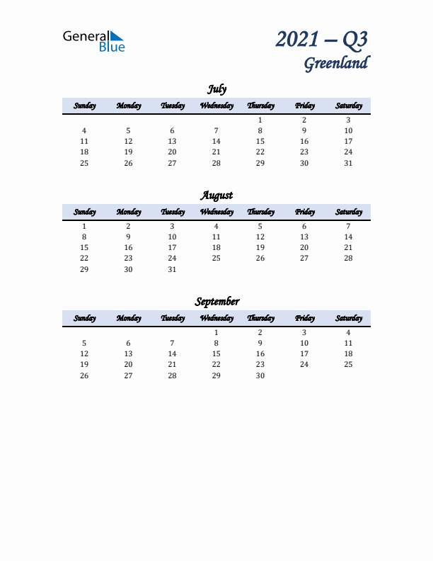 July, August, and September Calendar for Greenland with Sunday Start