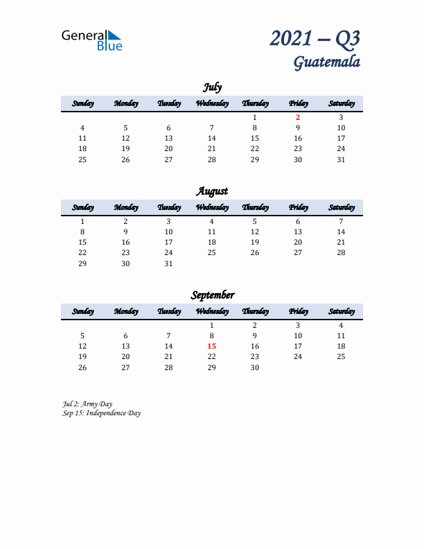 July, August, and September Calendar for Guatemala with Sunday Start