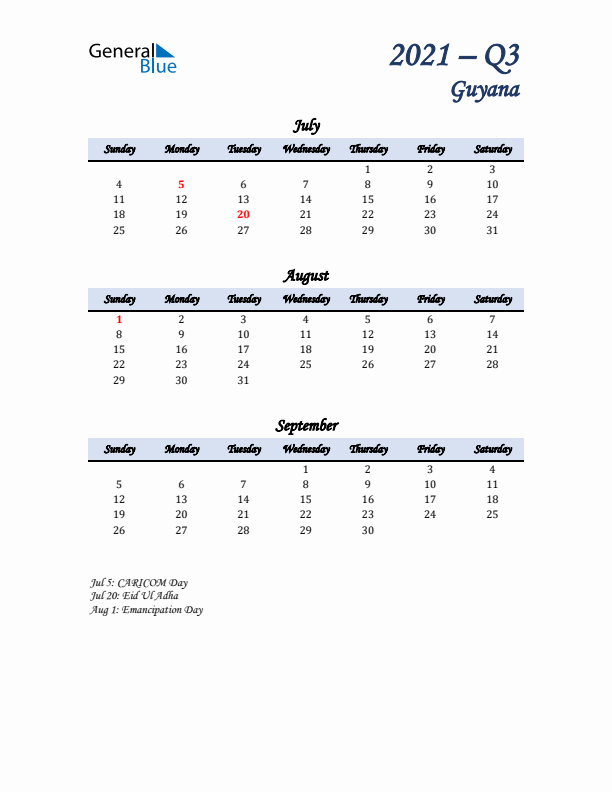 July, August, and September Calendar for Guyana with Sunday Start