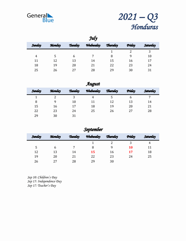 July, August, and September Calendar for Honduras with Sunday Start