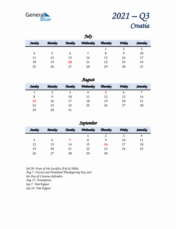 July, August, and September Calendar for Croatia with Sunday Start