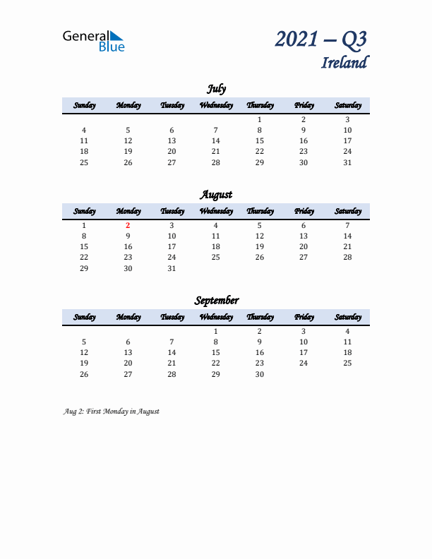 July, August, and September Calendar for Ireland with Sunday Start