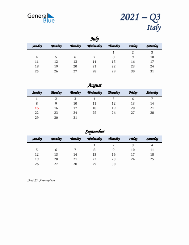 July, August, and September Calendar for Italy with Sunday Start