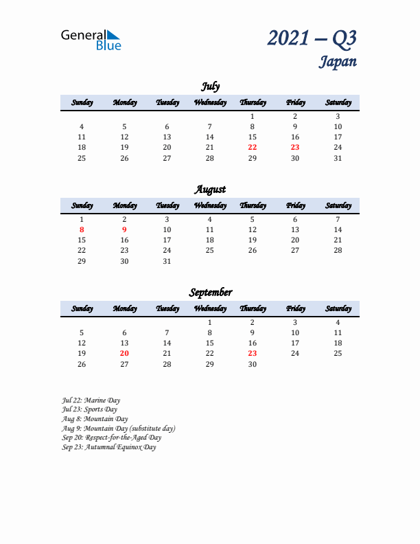 July, August, and September Calendar for Japan with Sunday Start