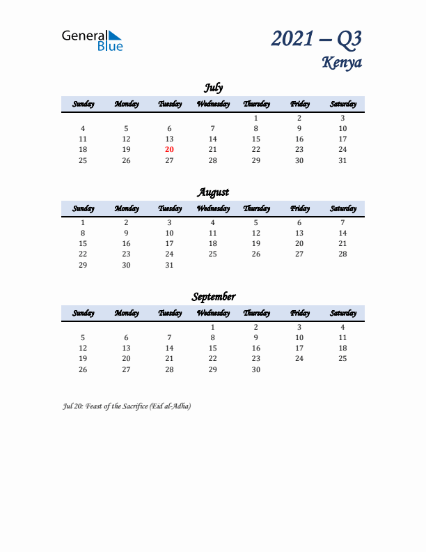 July, August, and September Calendar for Kenya with Sunday Start