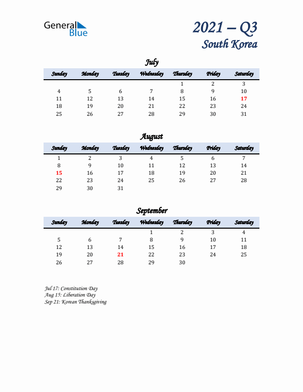 July, August, and September Calendar for South Korea with Sunday Start