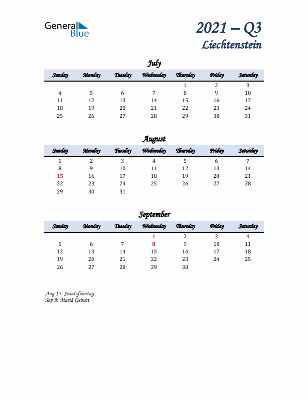 July, August, and September Calendar for Liechtenstein with Sunday Start