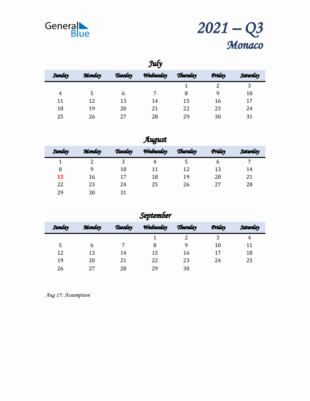 July, August, and September Calendar for Monaco with Sunday Start