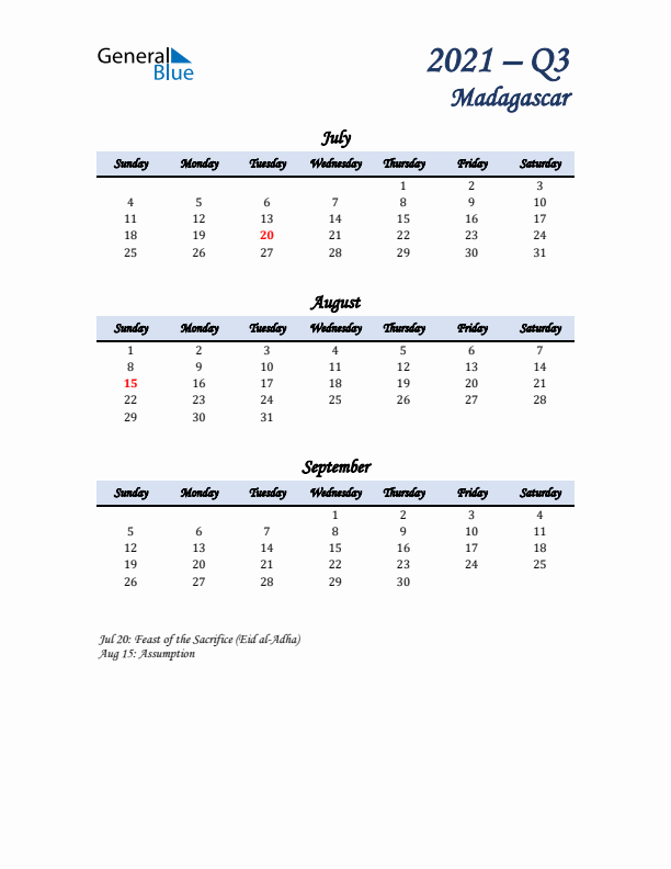 July, August, and September Calendar for Madagascar with Sunday Start