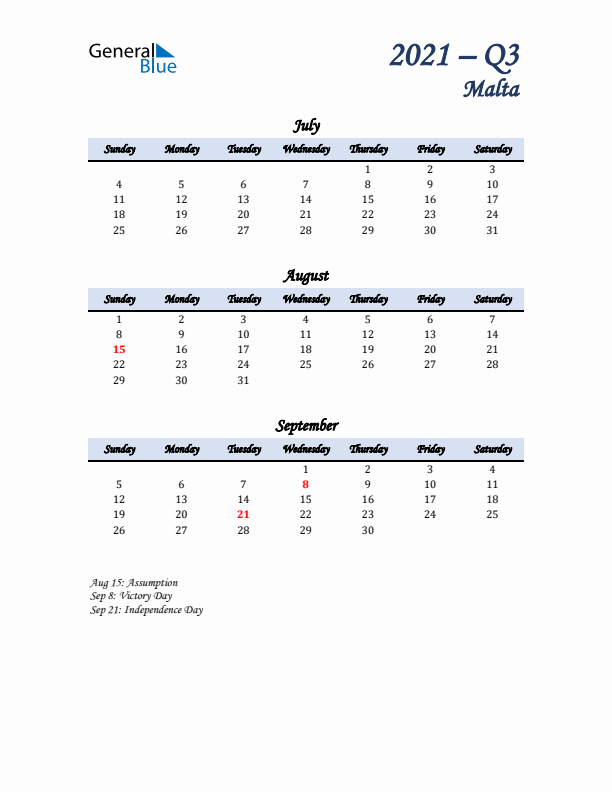 July, August, and September Calendar for Malta with Sunday Start