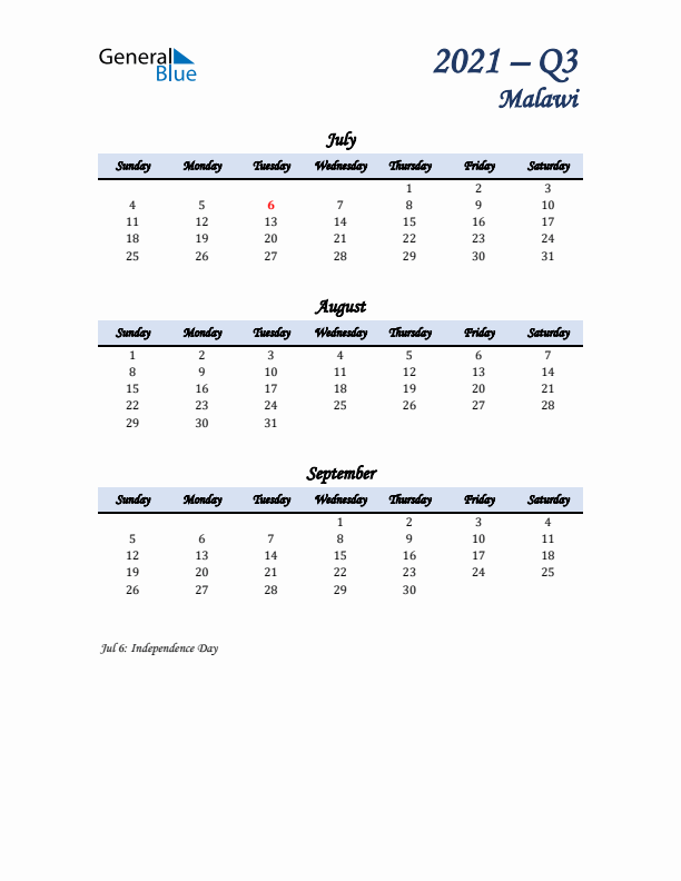 July, August, and September Calendar for Malawi with Sunday Start