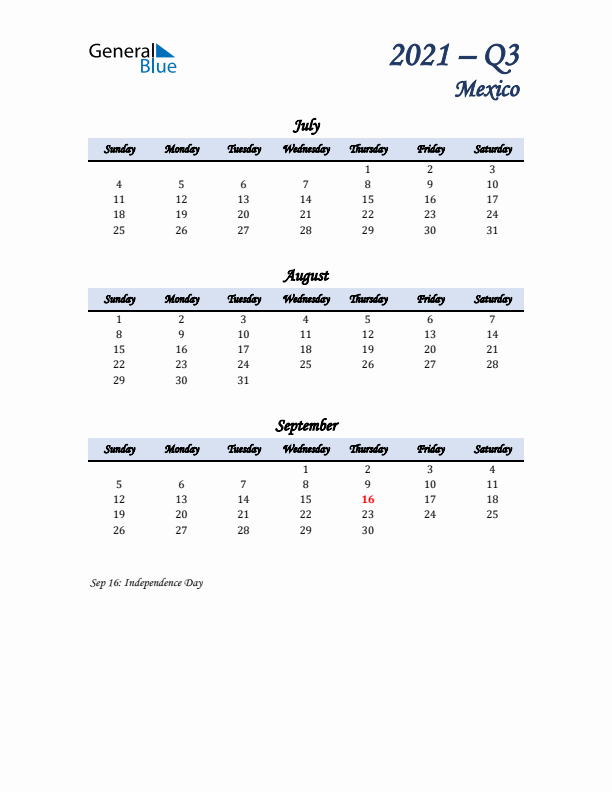 July, August, and September Calendar for Mexico with Sunday Start