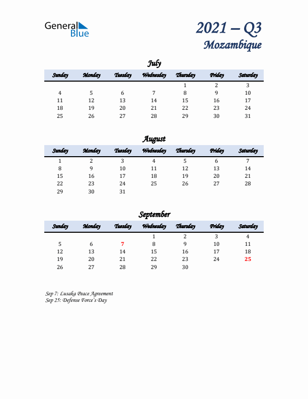 July, August, and September Calendar for Mozambique with Sunday Start