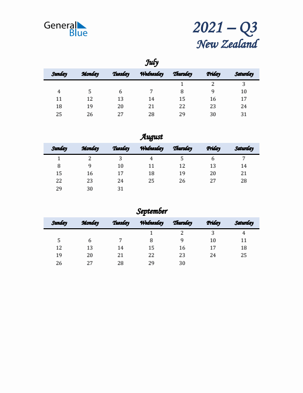 July, August, and September Calendar for New Zealand with Sunday Start