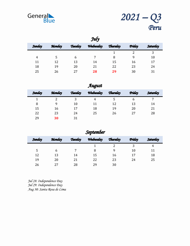 July, August, and September Calendar for Peru with Sunday Start