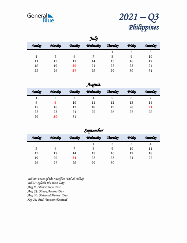 July, August, and September Calendar for Philippines with Sunday Start