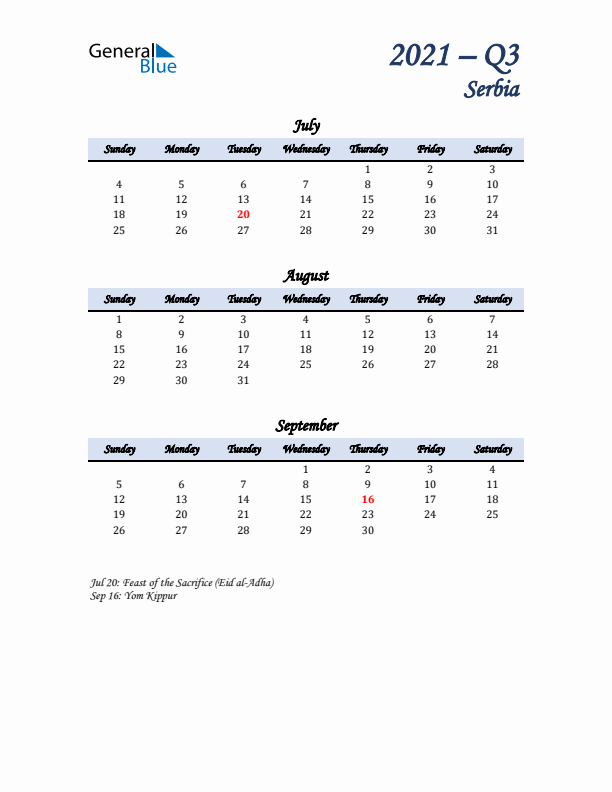 July, August, and September Calendar for Serbia with Sunday Start