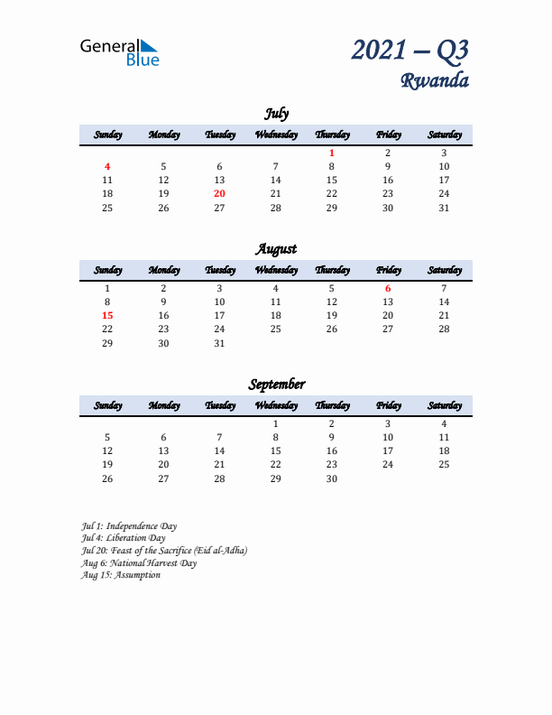 July, August, and September Calendar for Rwanda with Sunday Start