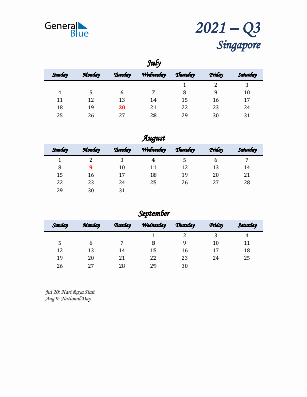 July, August, and September Calendar for Singapore with Sunday Start