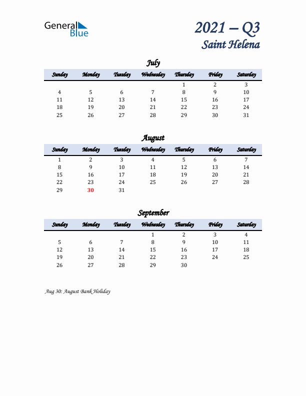 July, August, and September Calendar for Saint Helena with Sunday Start