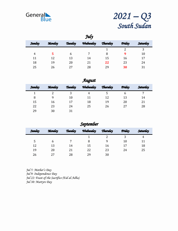 July, August, and September Calendar for South Sudan with Sunday Start