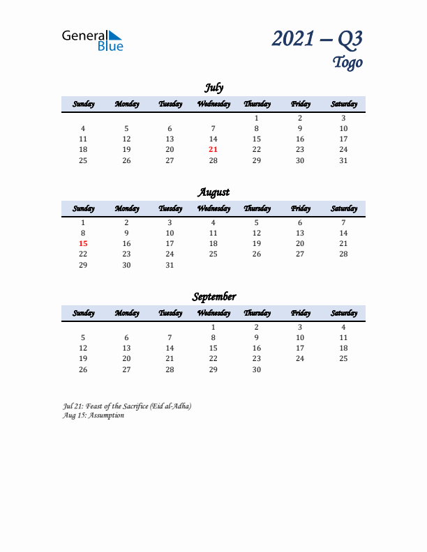 July, August, and September Calendar for Togo with Sunday Start