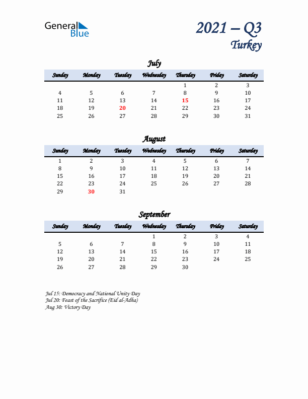 July, August, and September Calendar for Turkey with Sunday Start