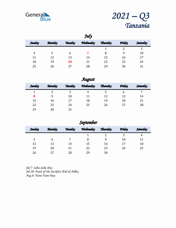 July, August, and September Calendar for Tanzania with Sunday Start