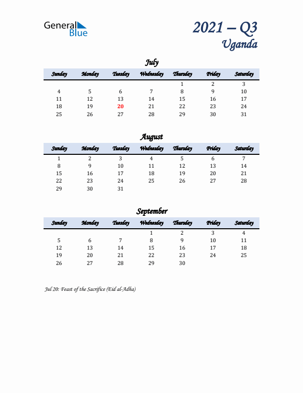 July, August, and September Calendar for Uganda with Sunday Start