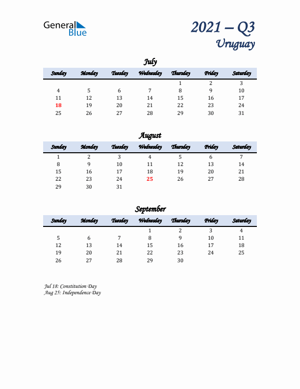 July, August, and September Calendar for Uruguay with Sunday Start